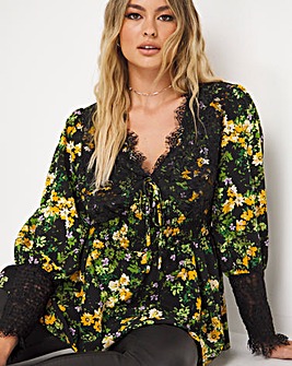 Lace V Neck Shirred Waist Black Floral Blouse with Lace Cuffs