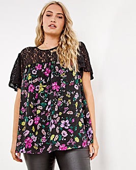 Black Floral Boxy Blouse With Lace Insert and Short Sleeves