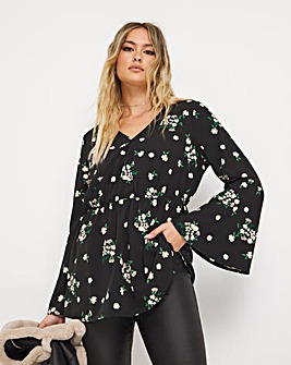 Ditsy Floral Wrap Top with Fluted Sleeves