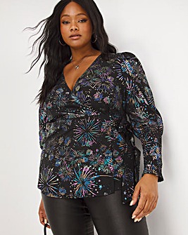 Foil Firework Print Wrap Top With Shirred Cuff