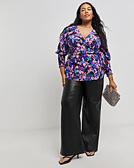 Abstract Printed Wrap Top With Shirred Cuff