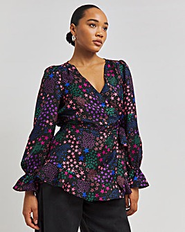 Star Jacquard Wrap Blouse with Frill Cuffs