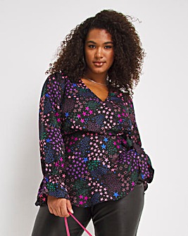 Star Jacquard Wrap Blouse with Frill Cuffs