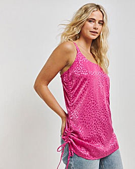 Pink Satin Jacquard Cami with Side Ruching Detail