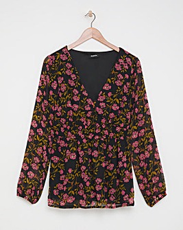 Black Floral Print V Neck Shirred Waist Long Sleeve Blouse