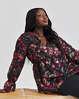 Foil Black Floral Print V Neck Blouse with Elasticated Waist