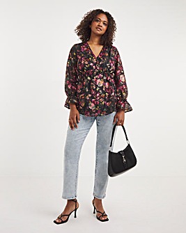 Foil Black Floral Print V Neck Blouse with Elasticated Waist