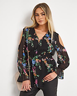 Black Floral Frill Detail Cold Shoulder Top