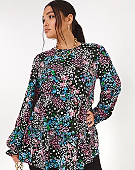 Pink Floral Longline Tiered Smock Blouse