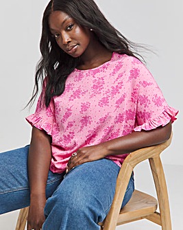 Pink Floral Print Frill Sleeve Boxy Top