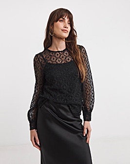 Black Volume Sleeve Lace Top