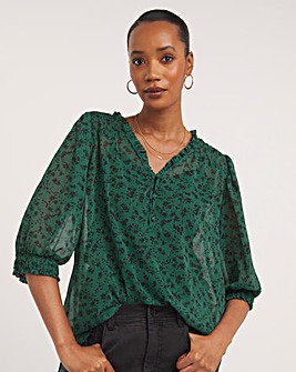 Green Floral Chiffon Button Front Blouse