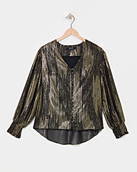 Metallic Button Through Dip Back Blouse