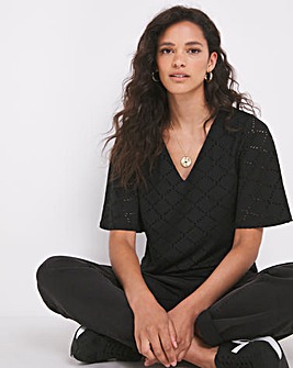 Black Stretch Jersey Short Sleeve Broderie Top