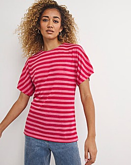 Pink Short Sleeve Lace Insert Stripe Top