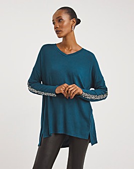 Deep Teal Knit Look Silver Sequin Trim Long Sleeve Tunic