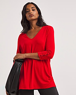 Red Three Quarter Sleeve Button Detail V-Neck Top