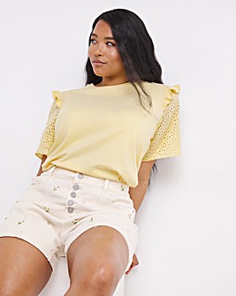 Yellow Cotton Broderie Short Sleeve Frill Top