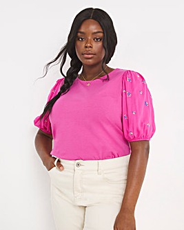 Raspberry Rose Cotton Embroidered Short Puff Sleeve Top