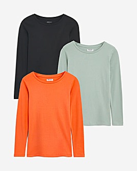 Sage/Orange/Black 3 Pack Long Sleeve Cotton T-Shirts