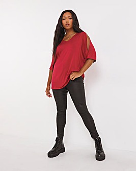 Crimson Three Quarter Sleeve Cold Shoulder Relaxed Top