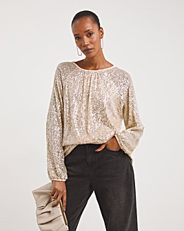 Champagne Sequin Volume Long Sleeve Swing Top