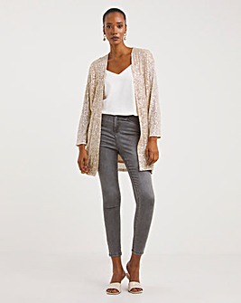 Champagne Long Sleeve Edge To Edge Linear Sequin Cardigan