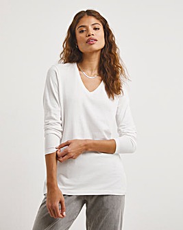 White Basics Cotton V Neck Long Sleeve T-Shirt