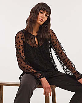 Black Floral Flock Mesh Long Sleeve Top With Cami