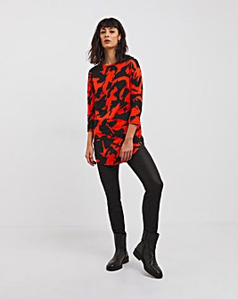 Red Print Value Cotton Curved Hem 3/4 Sleeve Tunic