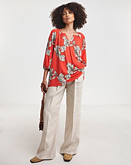 Red Floral Three Quarter Blousin Sleeve Jersey Top