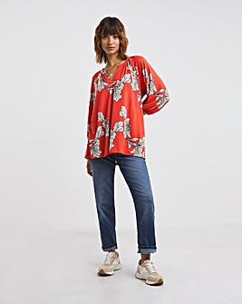 Red Floral Three Quarter Blousin Sleeve Jersey Top
