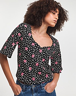 Floral Print Sweetheart Neck Angel Sleeve Crinkle Jersey Top