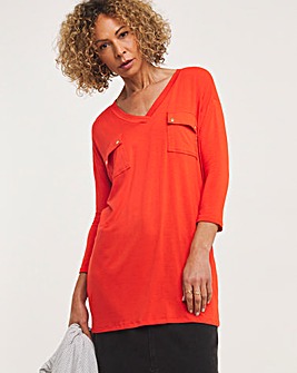 Red Utility Pocket Three Quarter Sleeve Tunic