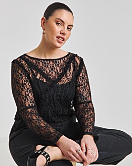 Black Lace & Mesh Ruffle Top