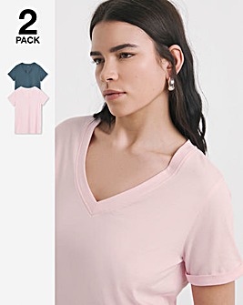 Charcoal & Pink 2 Pack V Neck Longline T-Shirts
