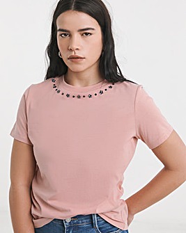 Pink Embellished Neckline T-Shirt