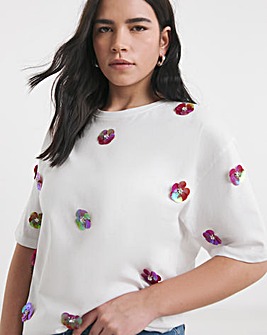 White Embellished Flower T-Shirt