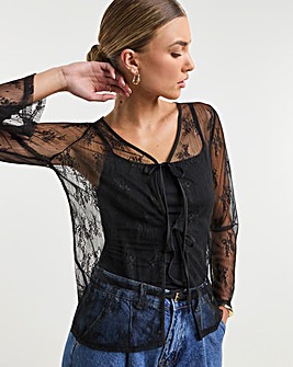 Black Lace Tie Front Cardi