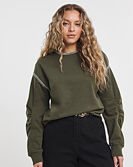 Khaki Whipstitch Detail Oversized Sweatshirt