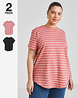 Black & Pink Stripe 2 Pack Curved Hem Longline T-Shirts