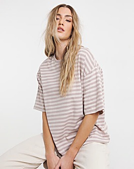 Mocha & Ecru Stripe Oversized Slouchy Crew Neck T-Shirt