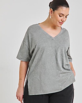 Acid Wash Grey Oversized Slouchy V Neck T-Shirt