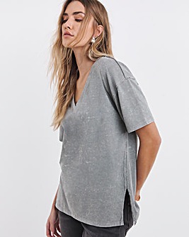 Acid Wash Grey Oversized Slouchy V Neck T-Shirt