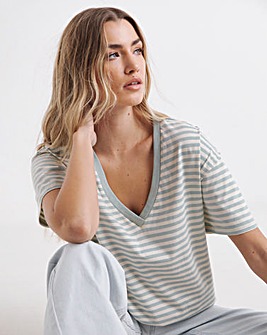 Sage & Ecru Oversized Slouchy V Neck T-Shirt