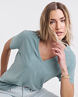 Green Slub V Neck T-Shirt