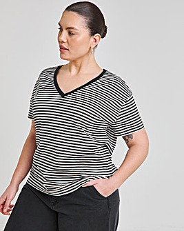 Black & White Stripe Slub V Neck T-Shirt