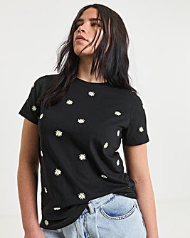 Black Ditsy Daisy Embroidery T-Shirt