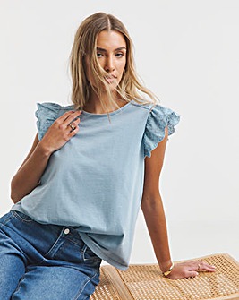 Pale Blue Broderie Frill Sleeve Top with Tie