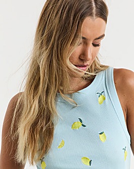 Blue Ribbed Lemon Embroidery High Neck Tank